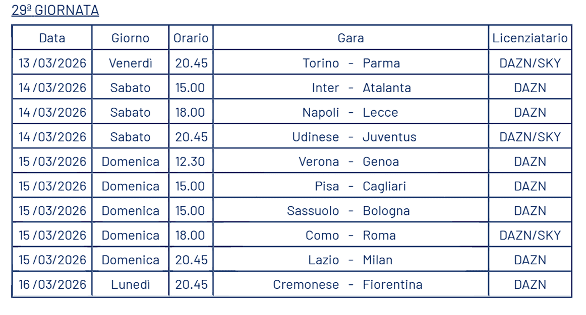 Serie A, anticipi e posticipi dalla 28° alla 30° giornata