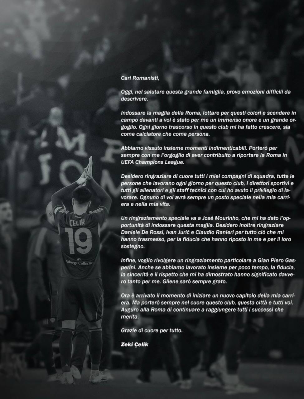 Lettera d'addio di Celik ai tifosi della Roma.